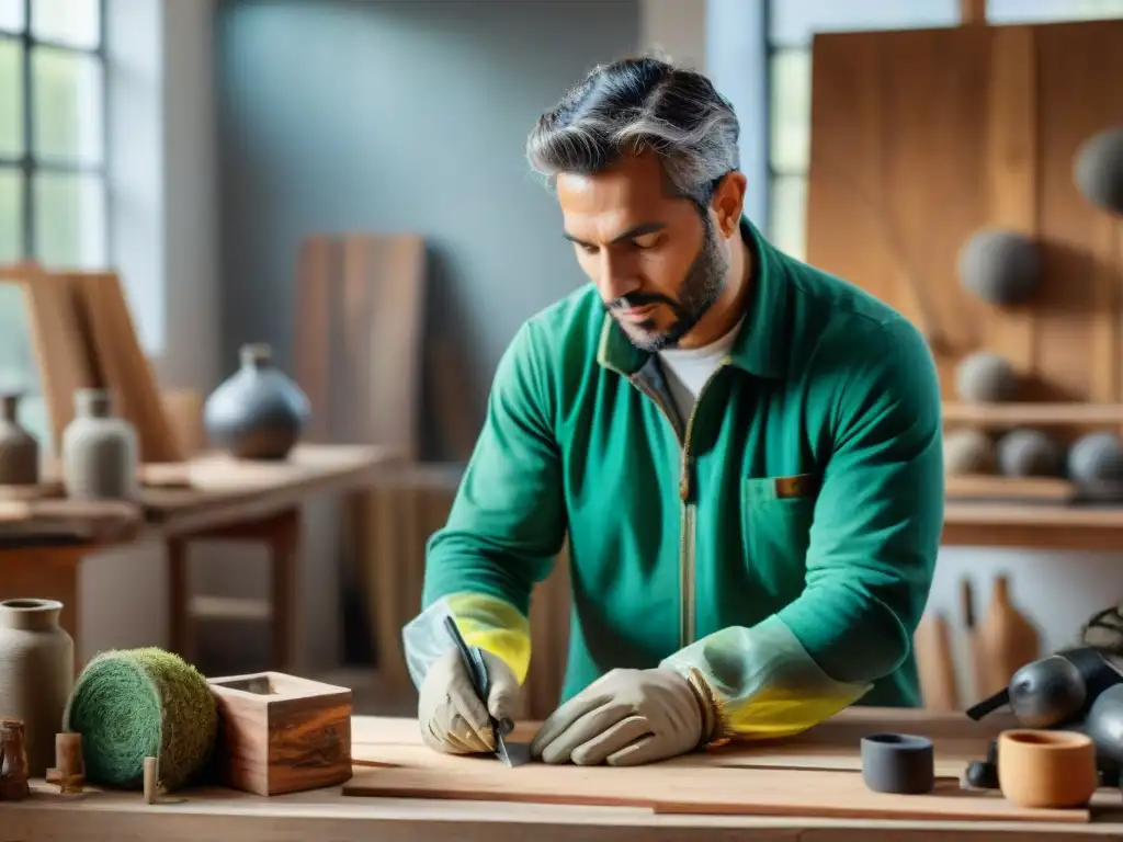 Escultor uruguayo contemporáneo trabajando en estudio con materiales sostenibles como madera reciclada y metal, creando una escultura grande