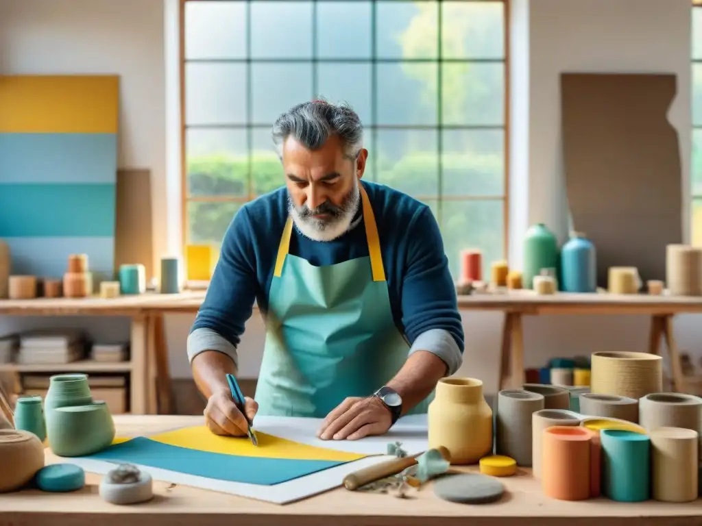 Un escultor uruguayo crea una obra de arte con materiales reciclados en su estudio, reflejando creatividad y conservación