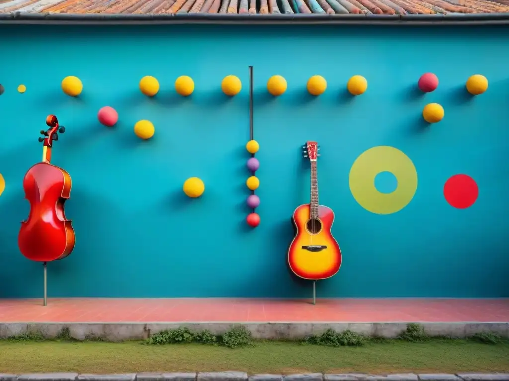 Escultura abstracta de instrumentos musicales y pinceles entrelazados, reflejando la fusión del arte contemporáneo Uruguay música visual en vibrante escena artística