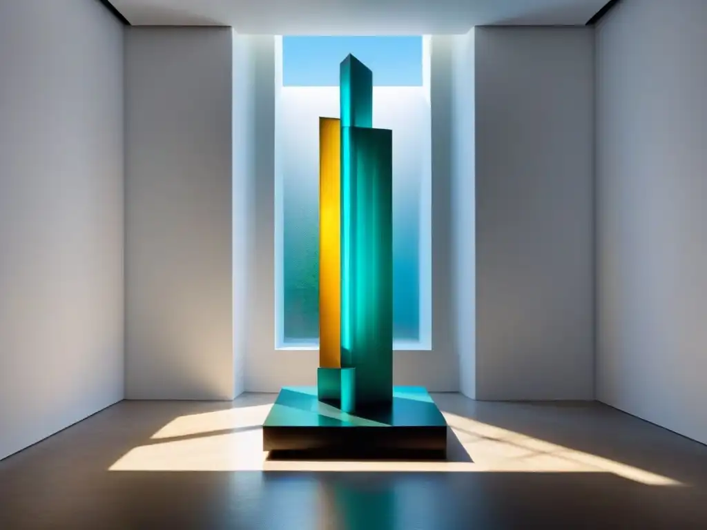 Escultura abstracta en galería blanca con luz natural, simbolizando la importancia del concepto en arte contemporáneo