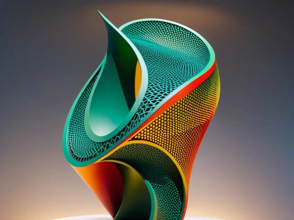 Escultura abstracta vibrante de artista uruguayo con patrones geométricos y colores contrastantes, transmitiendo energía y movimiento