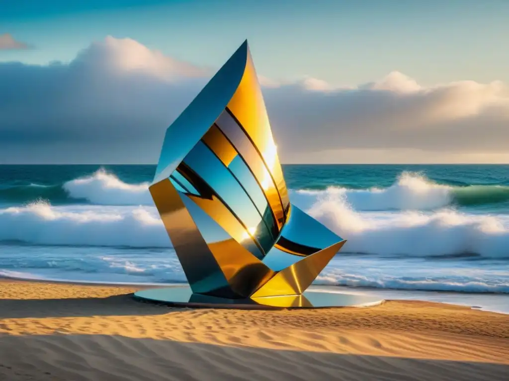 Escultura de acero inoxidable reflejando el mar en la costa: arte contemporáneo uruguayo en impresionantes costas