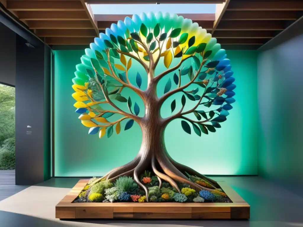 Escultura de árbol sostenible en arte contemporáneo uruguayo, creada con materiales reciclados