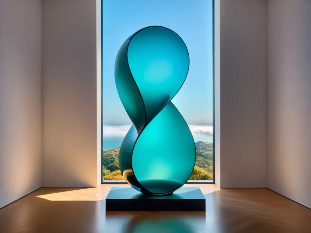 Escultura de arte contemporáneo en Uruguay: escultura moderna de acero y vidrio reflejante en galería de arte contemporáneo