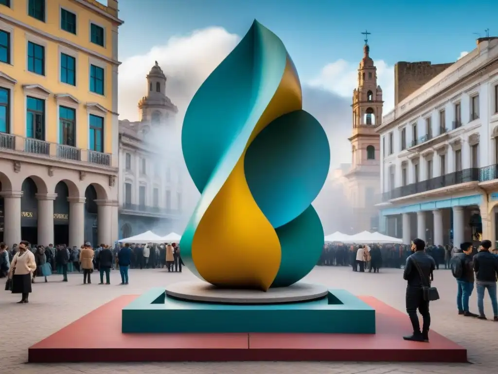 Escultura de arte contemporáneo en plaza urbana de Uruguay con formas geométricas y colores vibrantes, fusionando técnicas innovadoras