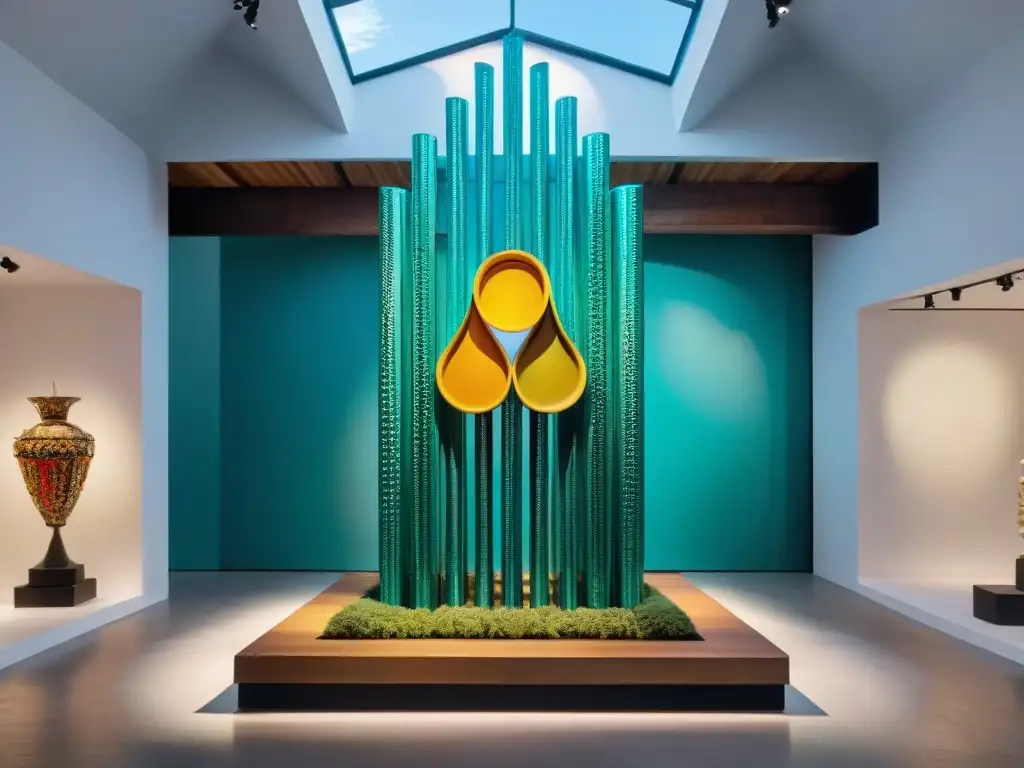 Escultura de arte contemporáneo uruguayo con materiales innovadores y vibrantes colores en galería minimalista