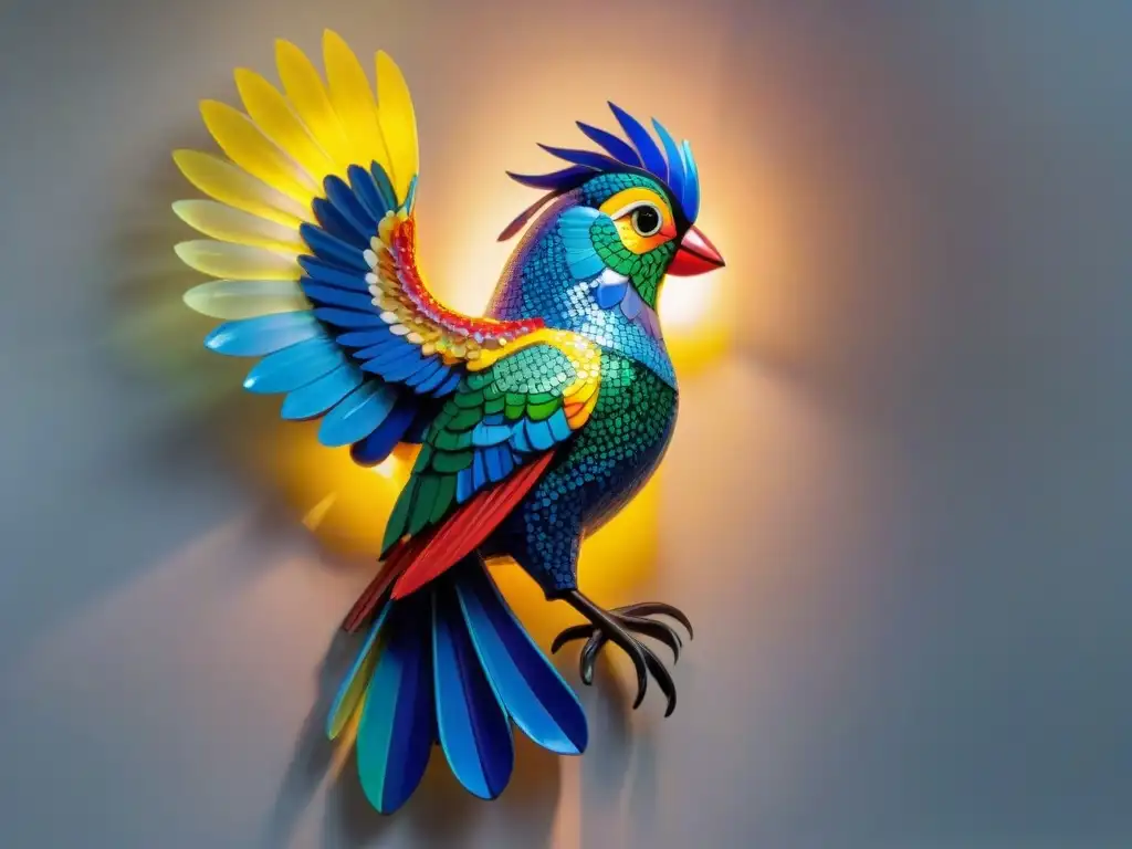 Escultura de botellas de plástico recicladas, retrato de un ave majestuosa con plumas de tapas de botellas