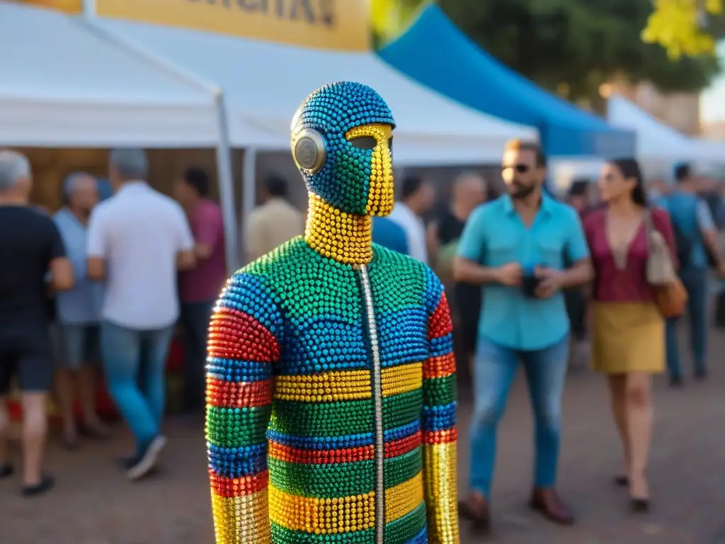 Escultura colorida hecha con materiales reciclados en feria de arte urbano en Uruguay