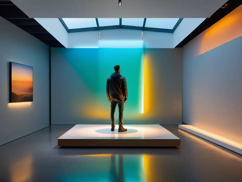 Una escultura contemporánea brillante se destaca en una galería minimalista, reflejando arte y visitantes