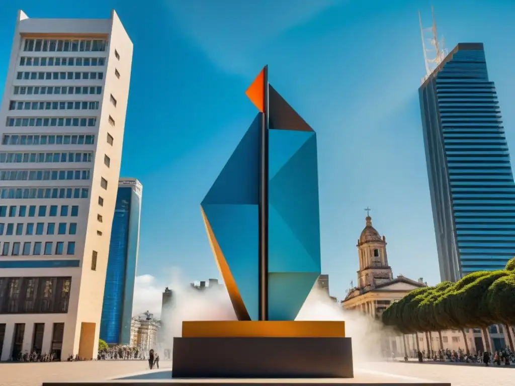 Escultura contemporánea de formas geométricas vibrantes en plaza urbana de Uruguay