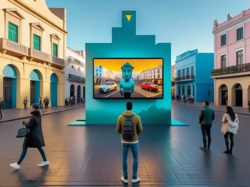 Escultura digital de criatura mítica interactuando en una calle de Montevideo, Uruguay, entre arte de realidad aumentada