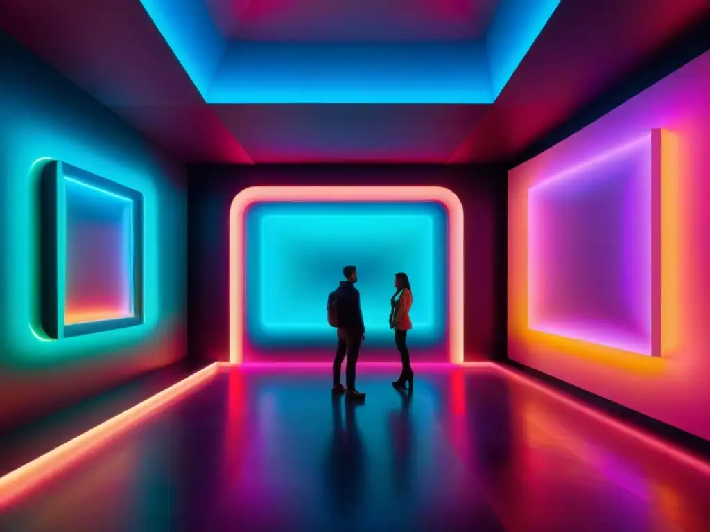 Escultura digital futurista en sala iluminada por luces neón en Uruguay