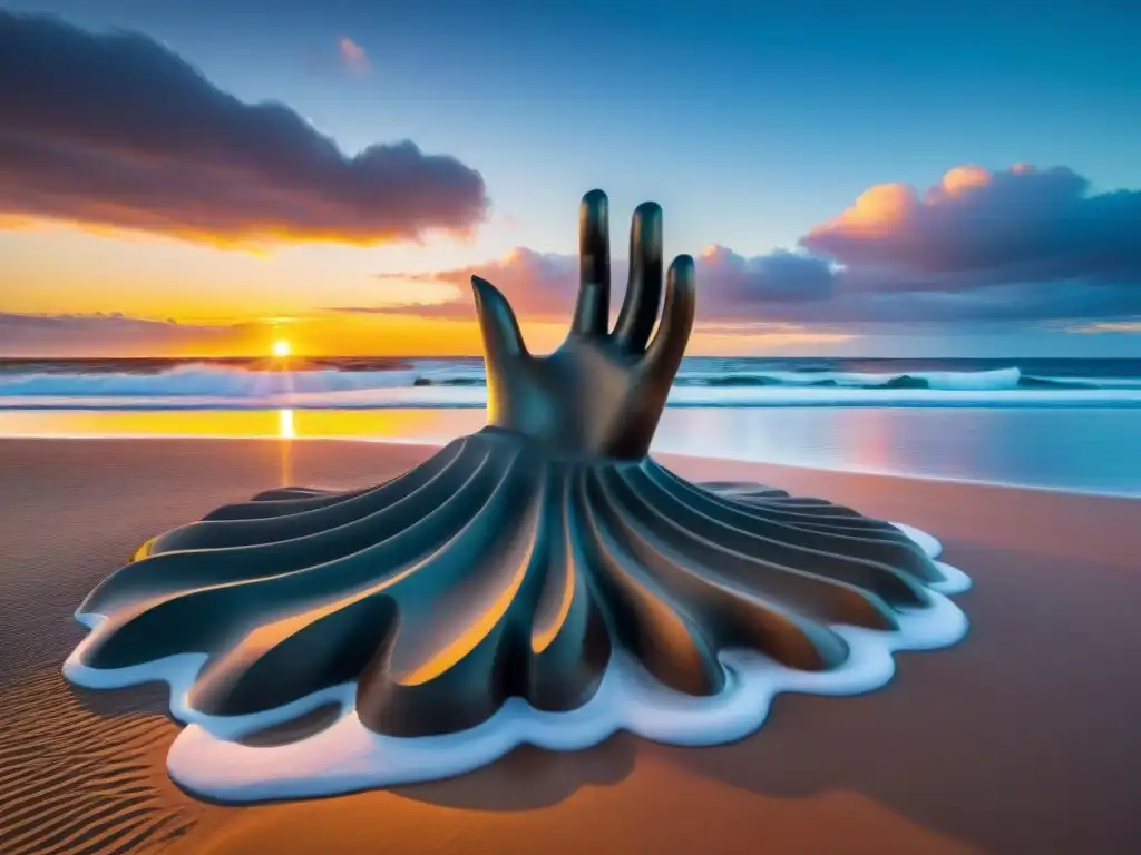 Escultura de la emblemática 'Mano de Punta del Este' en la playa Brava de Uruguay, bajo un dramático atardecer