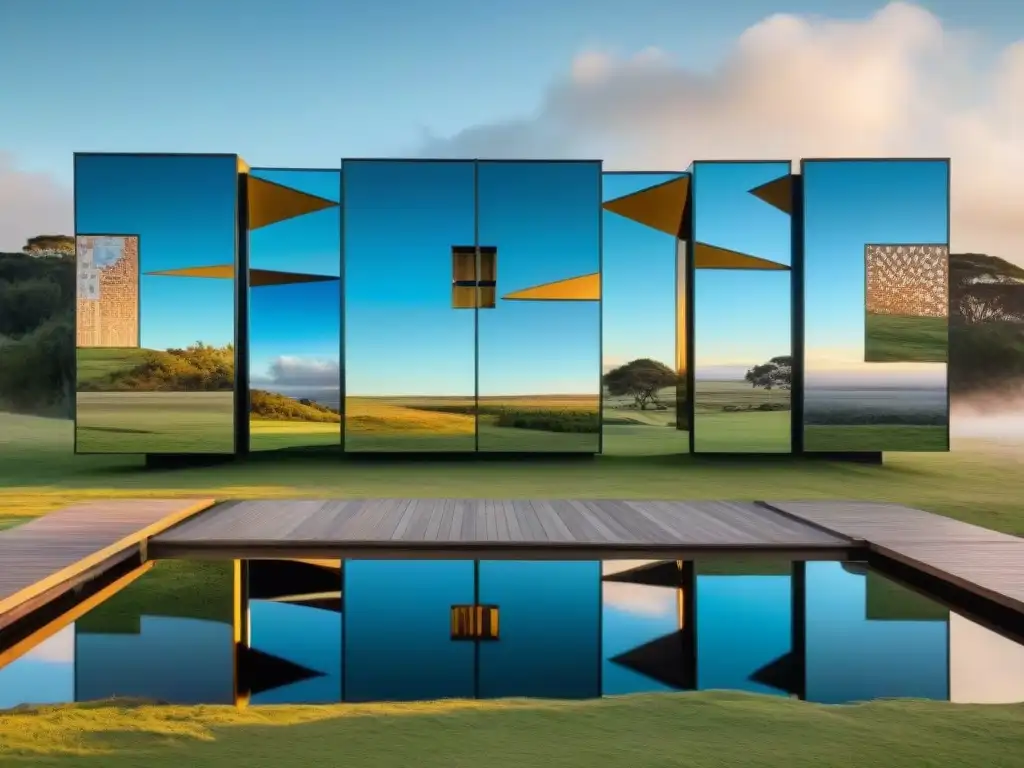 Escultura de espejos reflejando historia y diversidad cultural en una instalación de arte contemporáneo en Uruguay