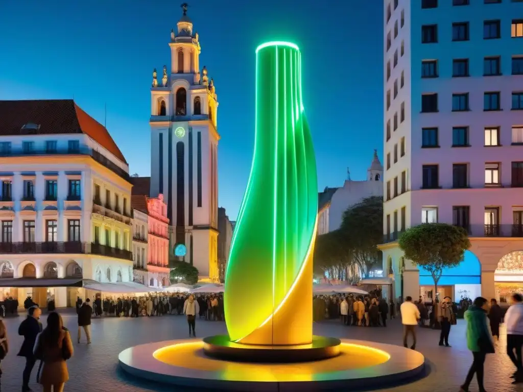 Escultura futurista que fusiona arte tradicional uruguayo con elementos tecnológicos innovadores en una plaza urbana vibrante