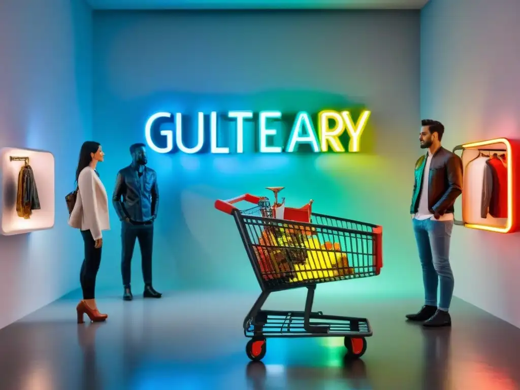 Escultura gigante carrito de compras desbordado rodeado de personas frenéticas