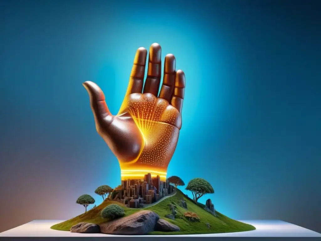 Una escultura hiperrealista de una mano hecha con arte digital uruguayo y materiales realistas, fusionando realismo y digitalización