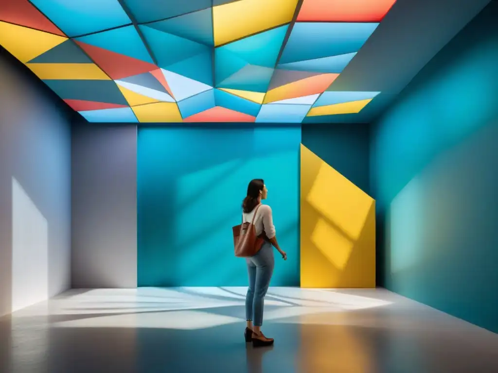 Escultura interactiva en centro cultural de arte contemporáneo en Uruguay, colores vibrantes y patrones geométricos