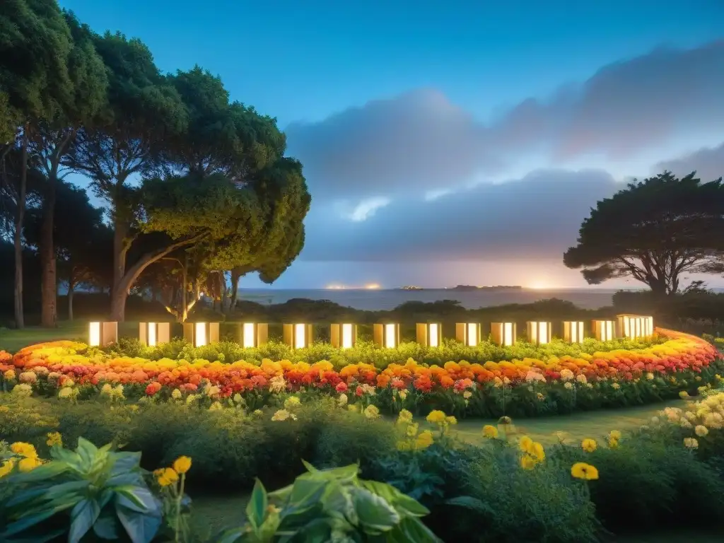 Escultura interactivo de arte ecológico en Uruguay, iluminada con LED en entorno natural vibrante