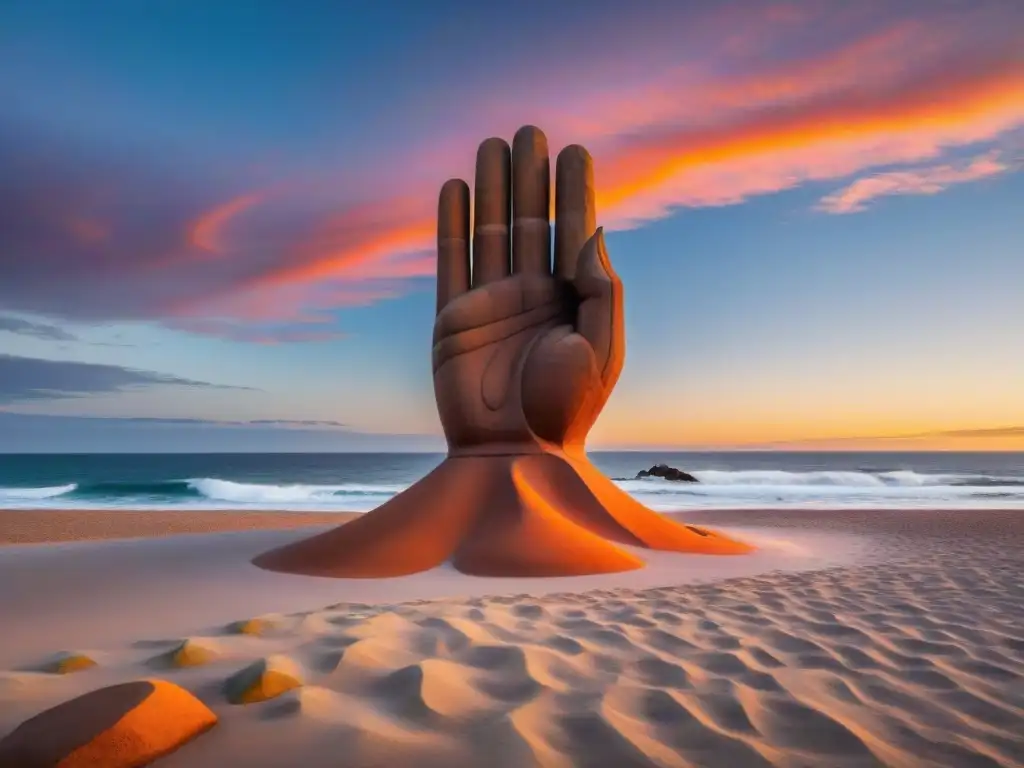 Escultura 'La Mano' en Punta del Este al atardecer, arte contemporáneo uruguayo costas impresionantes