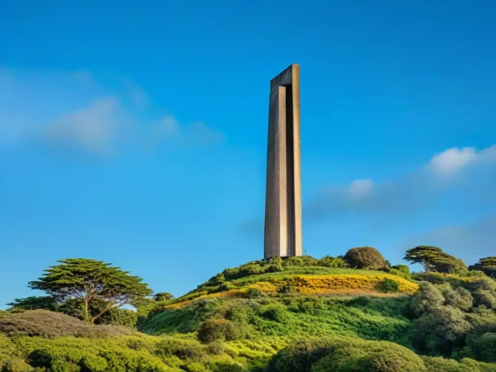 Escultura moderna de arte ecológico en Uruguay contemporáneo, entre vegetación exuberante y cielo azul