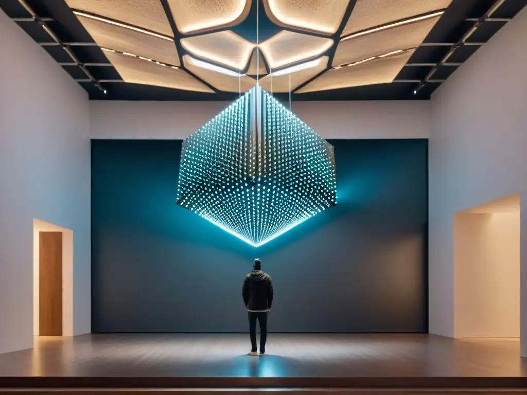 Escultura suspendida en galería minimalista en Uruguay, fusionando formas geométricas con cuerdas, creando una atmósfera futurista