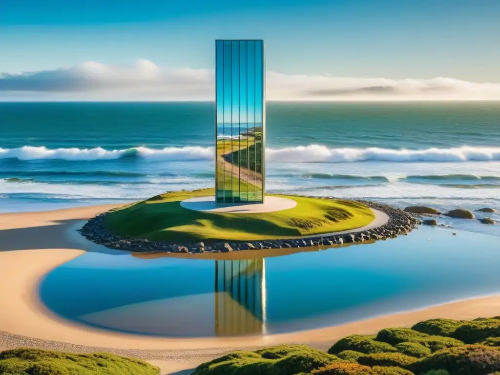 Escultura de vidrio y acero reflejando la costa de La Barra en Uruguay