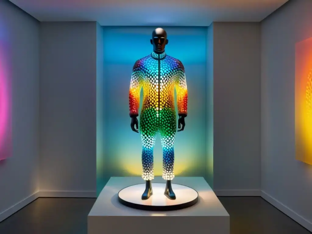 Una escultura de vidrio colorido refleja la luz en una galería de arte contemporáneo en Uruguay