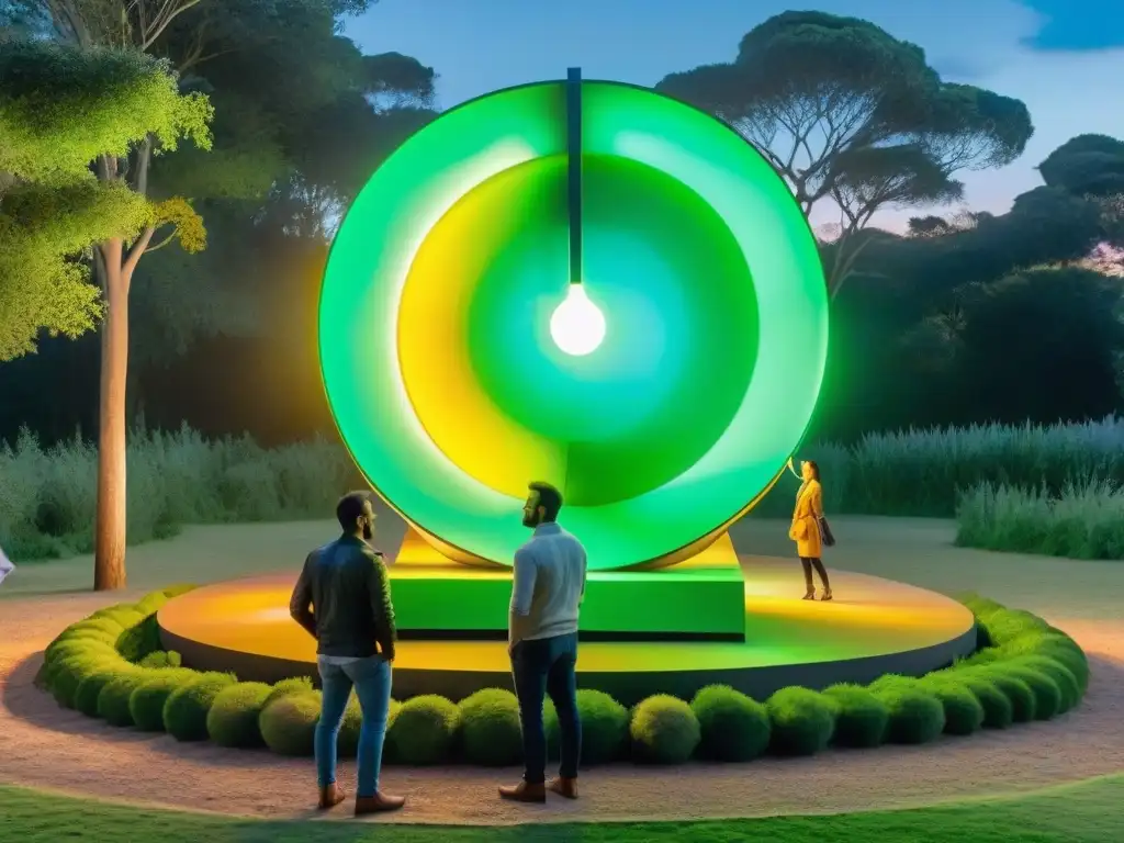 Esculturas de arte contemporáneo uruguayo sostenible iluminadas al atardecer en parque urbano verde