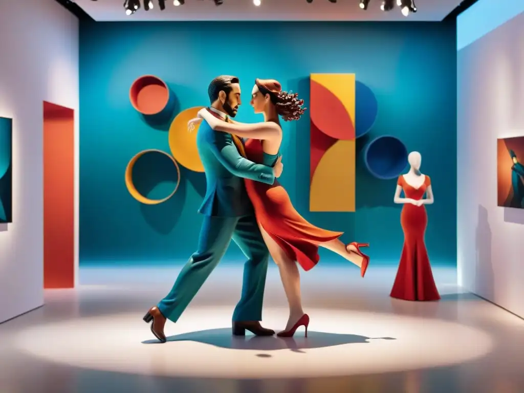 Esculturas detalladas de tango en galería de arte contemporáneo, simbolizando la historia y evolución del tango uruguayo