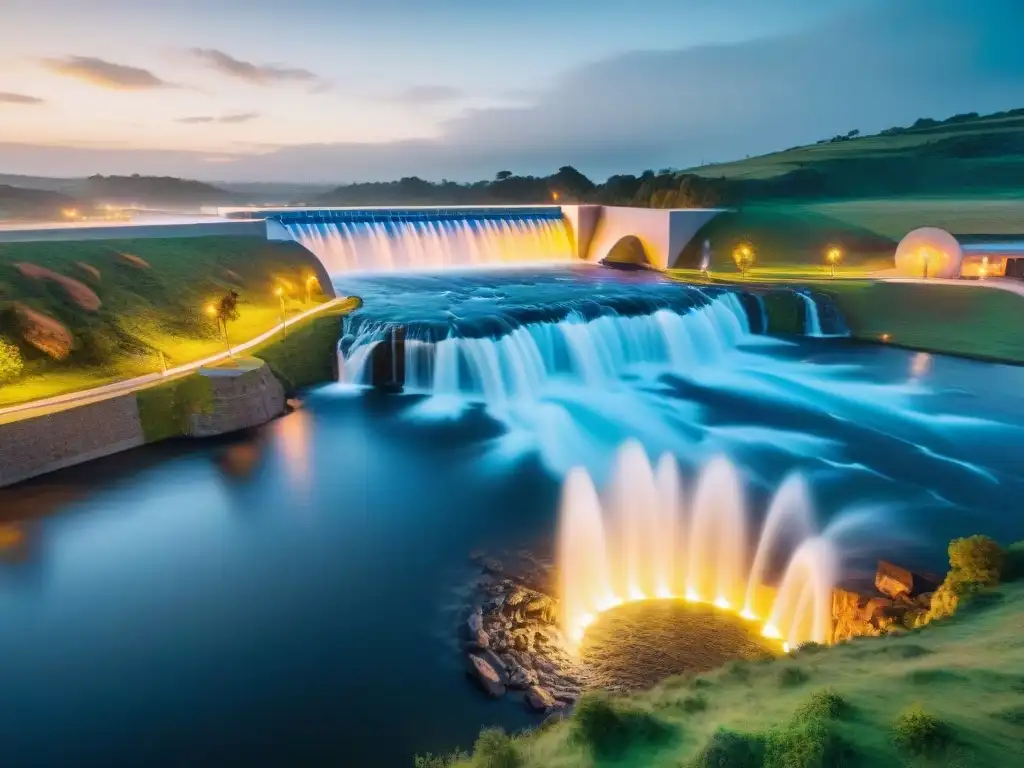 Esculturas metálicas representando agua fluyendo, iluminadas por LED en instalación de arte contemporáneo Uruguay energía hidráulica