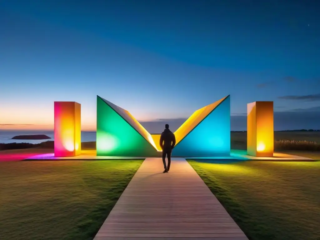 Esculturas vibrantes iluminadas en parque de arte contemporáneo Uruguay al aire libre