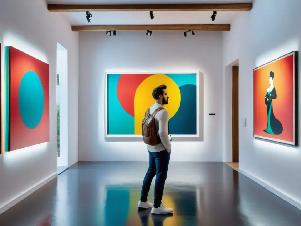 Explora un espacio de arte contemporáneo innovador en Uruguay, con vibrantes pinturas abstractas de pinceladas audaces y coloridas