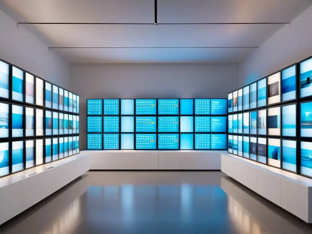 Espacio digital de archivos de arte contemporáneo de Uruguay, futurista y lleno de luz ambiental cálida