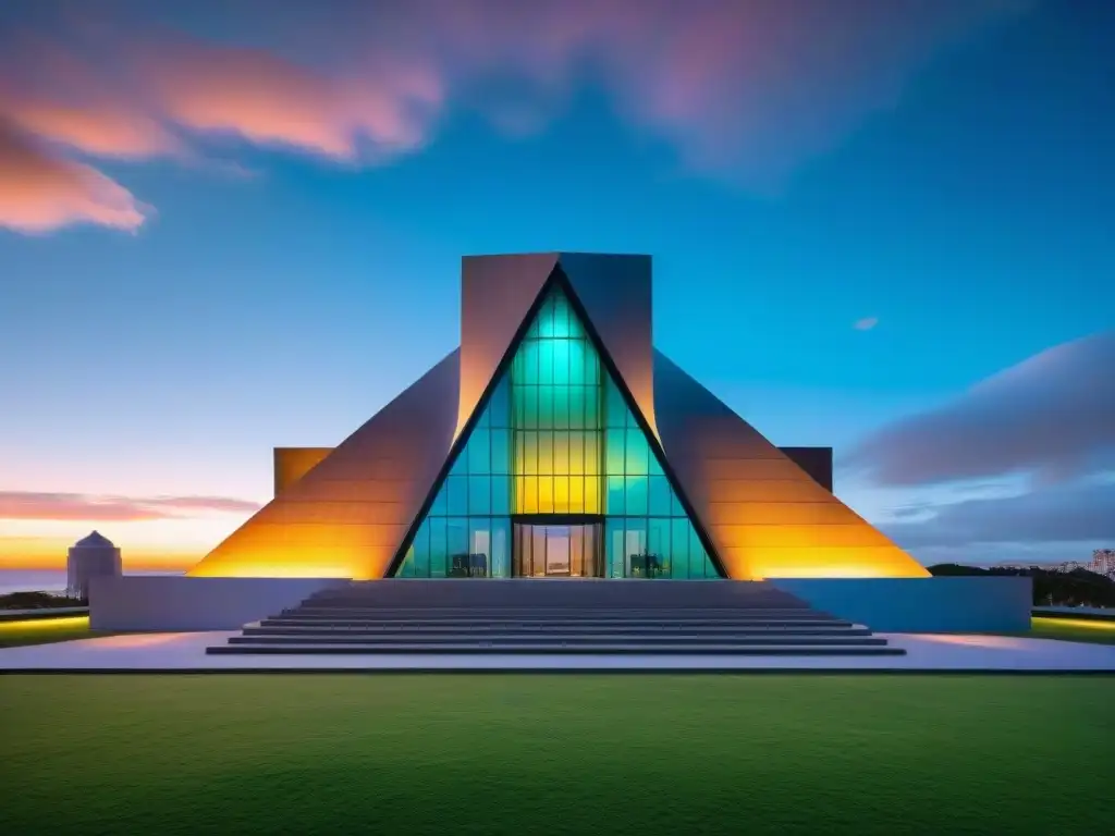 Espectacular arquitectura del Museo Nacional de Artes Visuales en Montevideo, Uruguay, destacando su innovador diseño contra un atardecer colorido