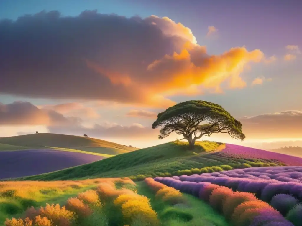 Espectacular atardecer sobre colinas de Uruguay, con árbol solitario y cielo de tonos cálidos