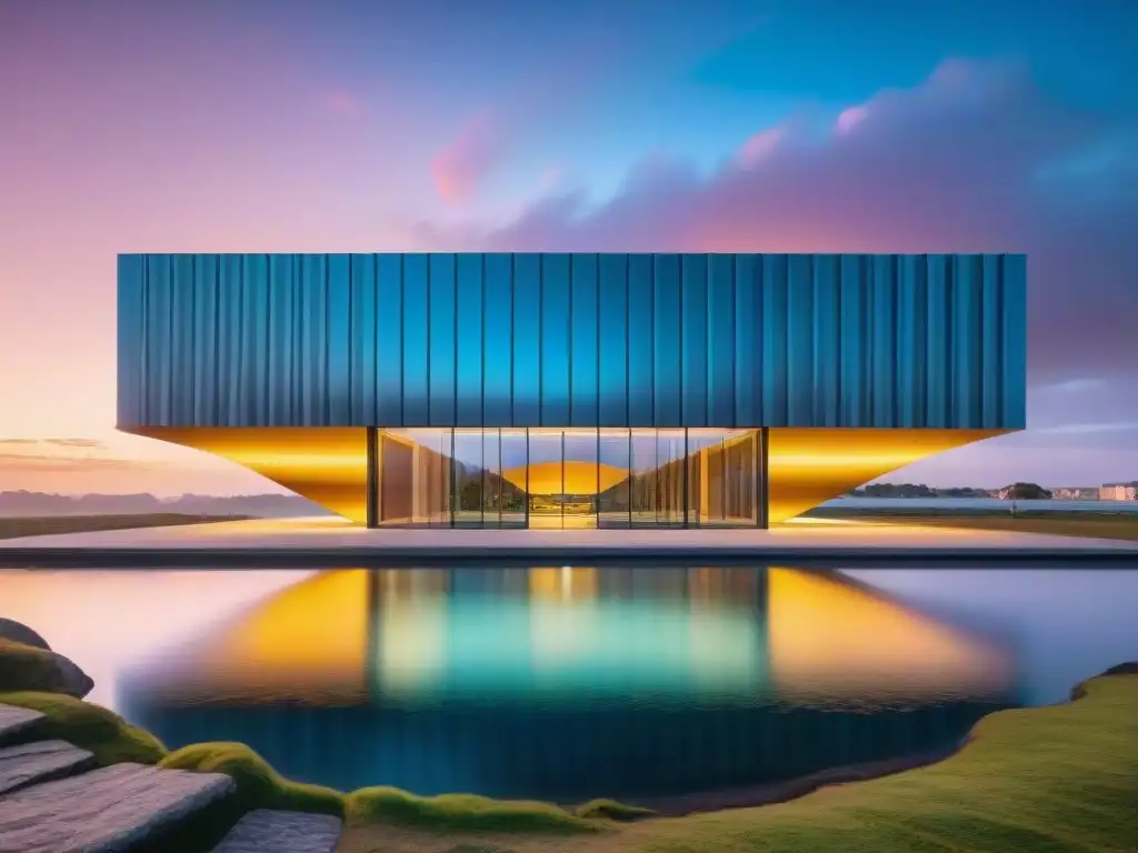 Espectacular Centro Cultural de Arte Contemporáneo en Uruguay con arte vibrante y arquitectura moderna, iluminado por el sol poniente