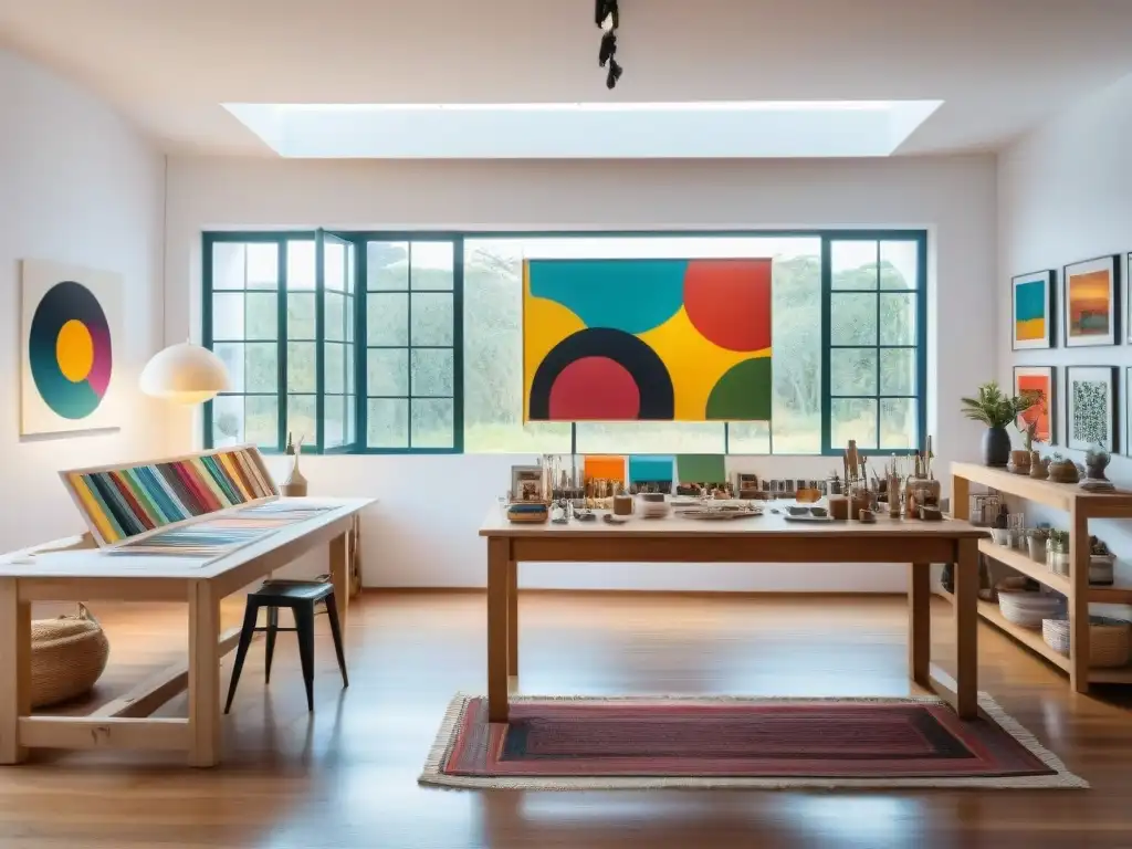 Estudio de arte contemporáneo en Uruguay: creatividad vibrante Un estudio de arte contemporáneo en Uruguay con artistas creando obras vibrantes y texturizadas