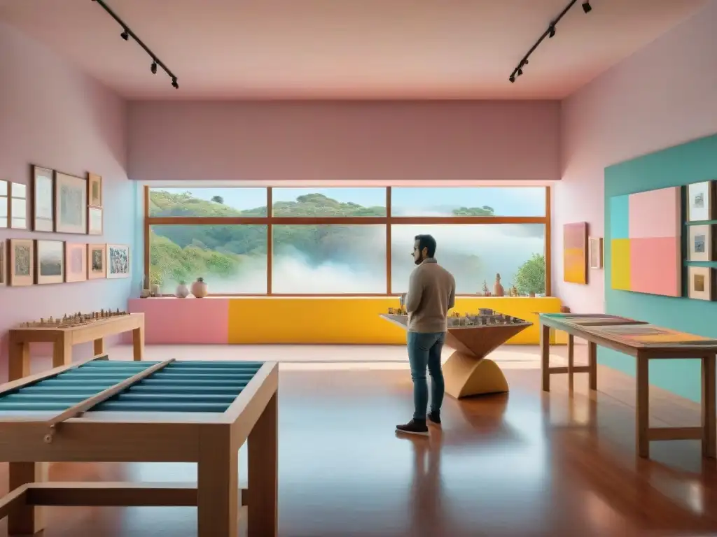 Un estudio de arte contemporáneo en Uruguay, lleno de obras de colores pastel