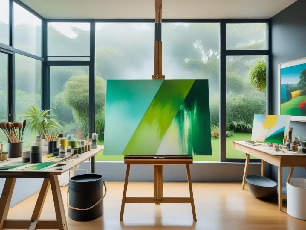 Un estudio de artista contemporáneo uruguayo con técnicas creativas en arte contemporáneo, lleno de pinturas abstractas y un jardín exuberante