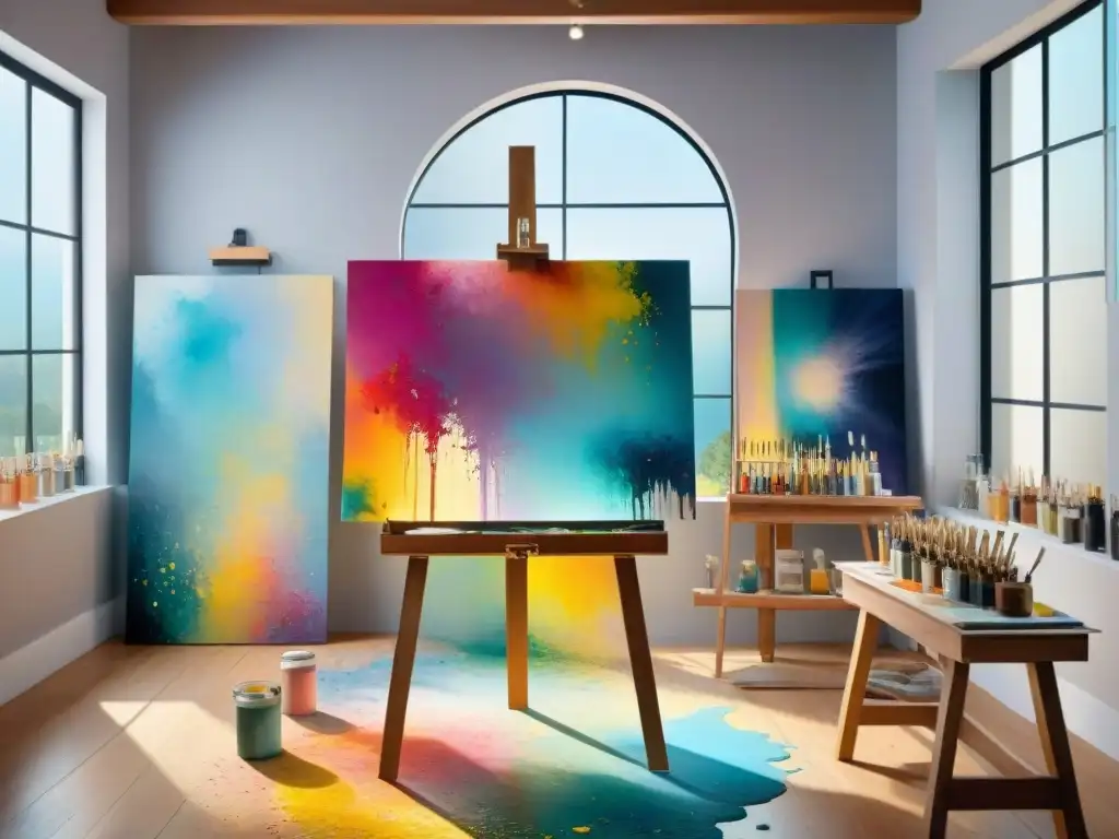 Un estudio de pintura abstracta lleno de colores vibrantes y lienzos de diferentes tamaños, cada uno mostrando una mezcla única de tonos y texturas