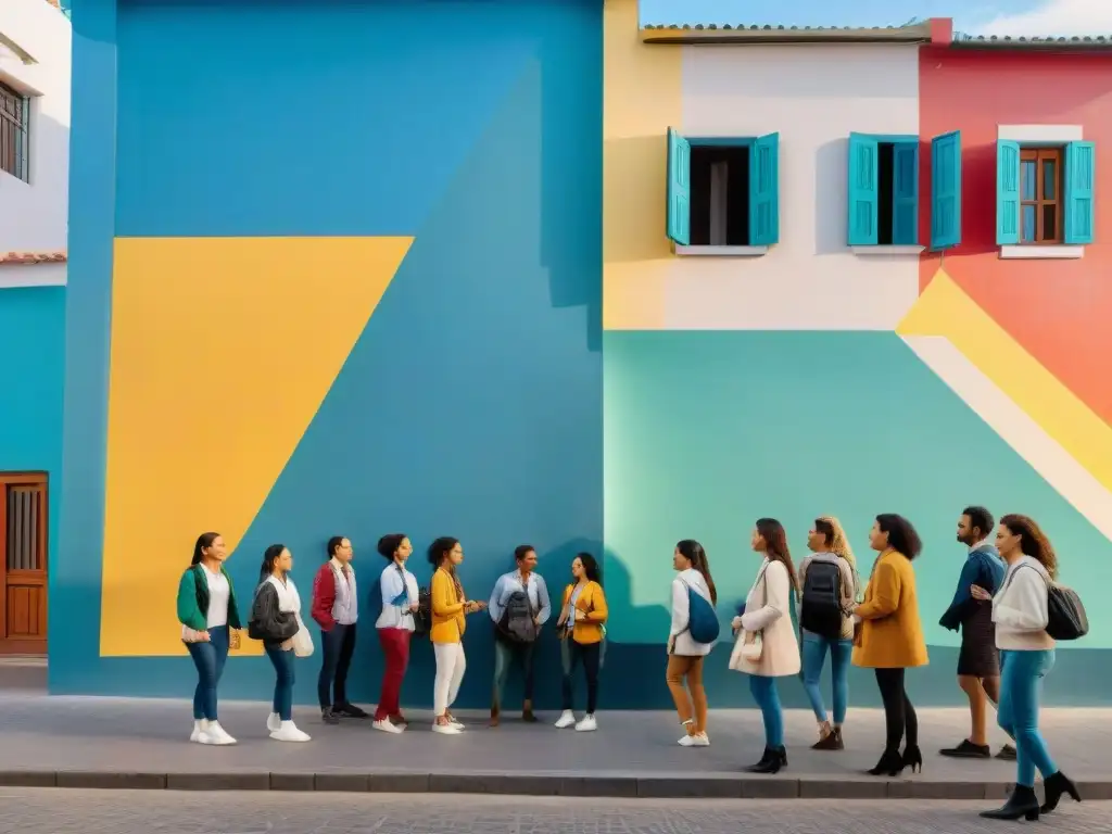 Excursiones educativas arte contemporáneo Uruguay: Estudiantes asombrados frente a mural abstracto colorido en Montevideo