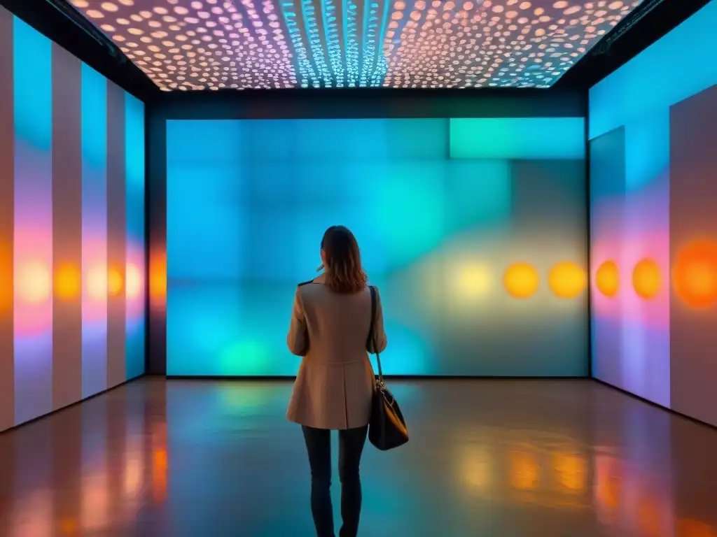 Experiencia artística futurista con esculturas abstractas, luces neón y proyecciones digitales en una galería