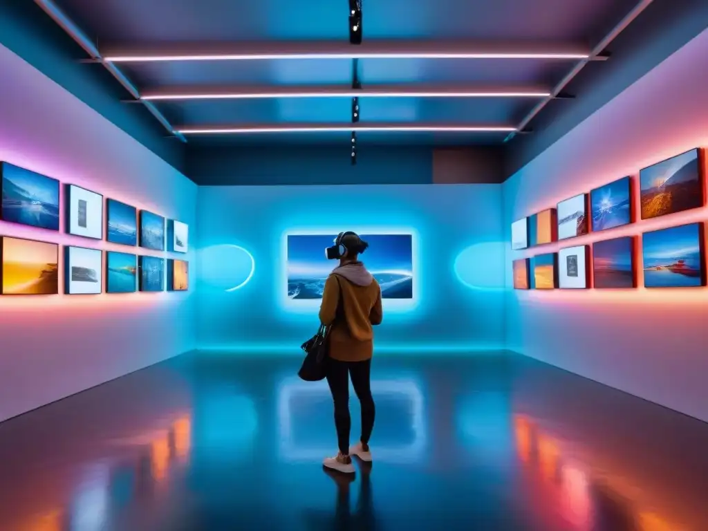 Experiencia inmersiva en galería de arte futurista con instalaciones digitales y obras vibrantes bajo luces de neón