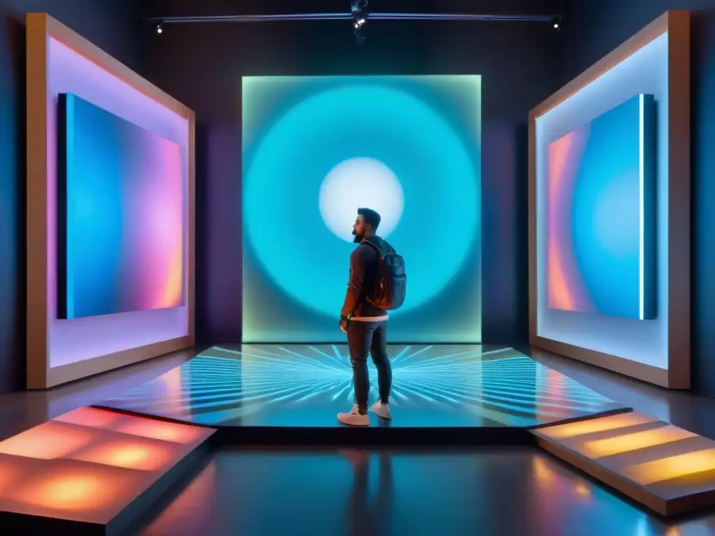Experiencia inmersiva en exposiciones arte contemporáneo con instalación artística vibrante y dinámica de esculturas y proyecciones interactivas