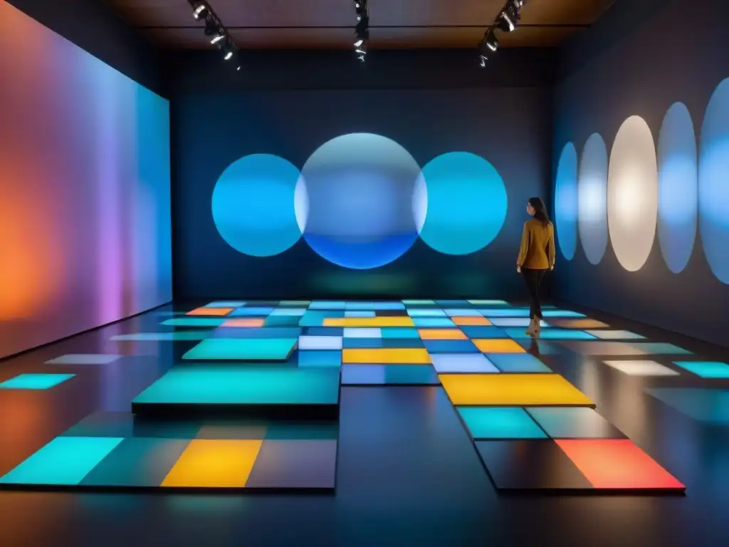 Experiencia multisensorial: instalación de arte contemporáneo uruguayo con proyecciones de formas geométricas coloridas en piso espejado