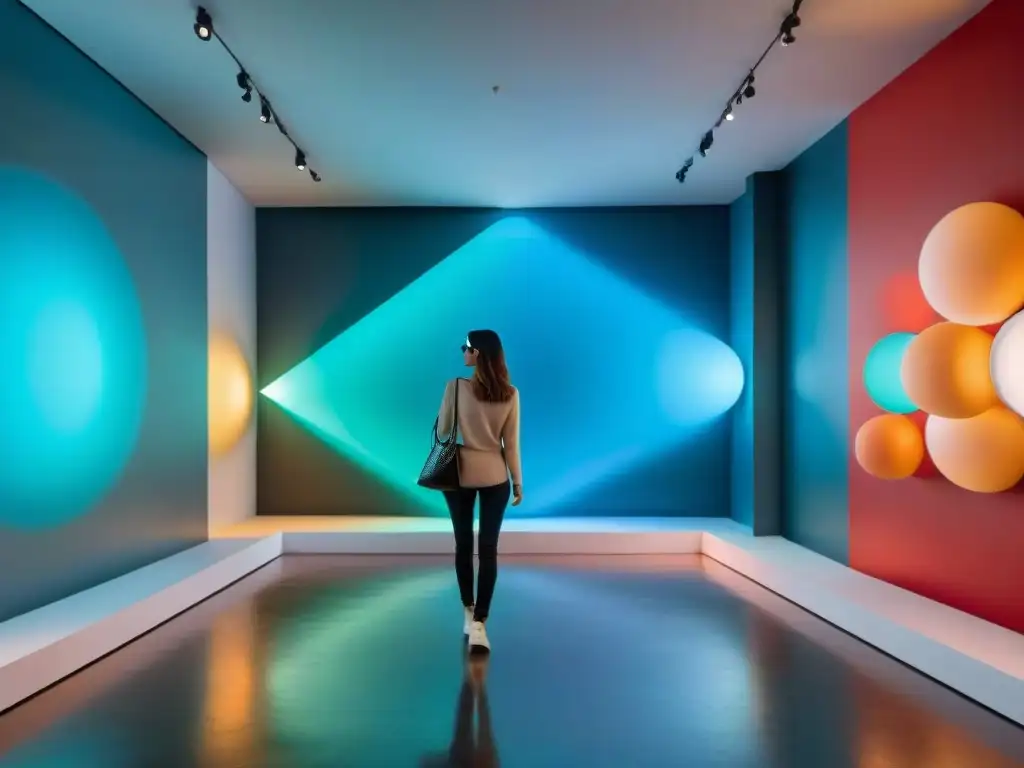 Experiencia surrealista de arte contemporáneo uruguayo tecnológico en una galería futurista llena de colores vibrantes y formas geométricas