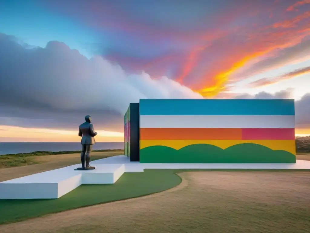 Una exposición de arte contemporáneo en Uruguay al aire libre, con esculturas y murales coloridos bajo un atardecer pintoresco