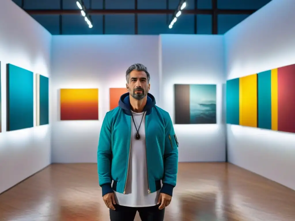 Una exposición de arte contemporáneo uruguayo con esculturas intrincadas, pinturas coloridas e instalaciones interactivas en un ambiente inspirador