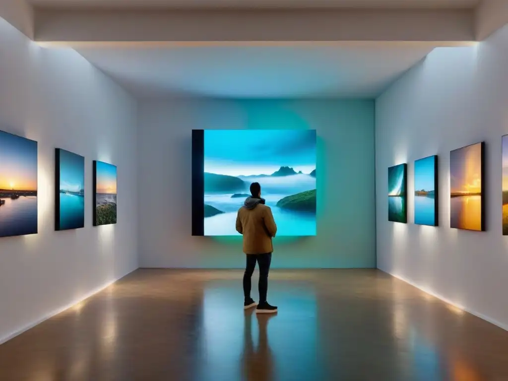 Una exposición de arte digital en Montevideo con obras contemporáneas vibrantes proyectadas en una galería blanca